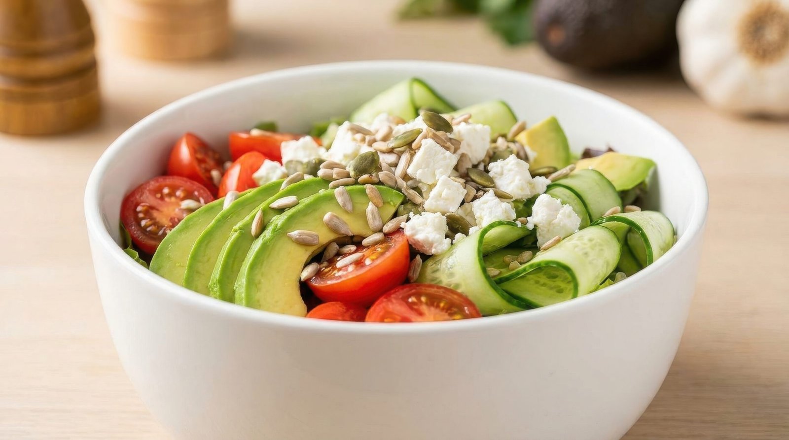 A vibrant salad in a white bowl containing sliced avocado, halved cherry tomatoes, cucumber ribbons, feta cheese crumbles, and sunflower seeds.