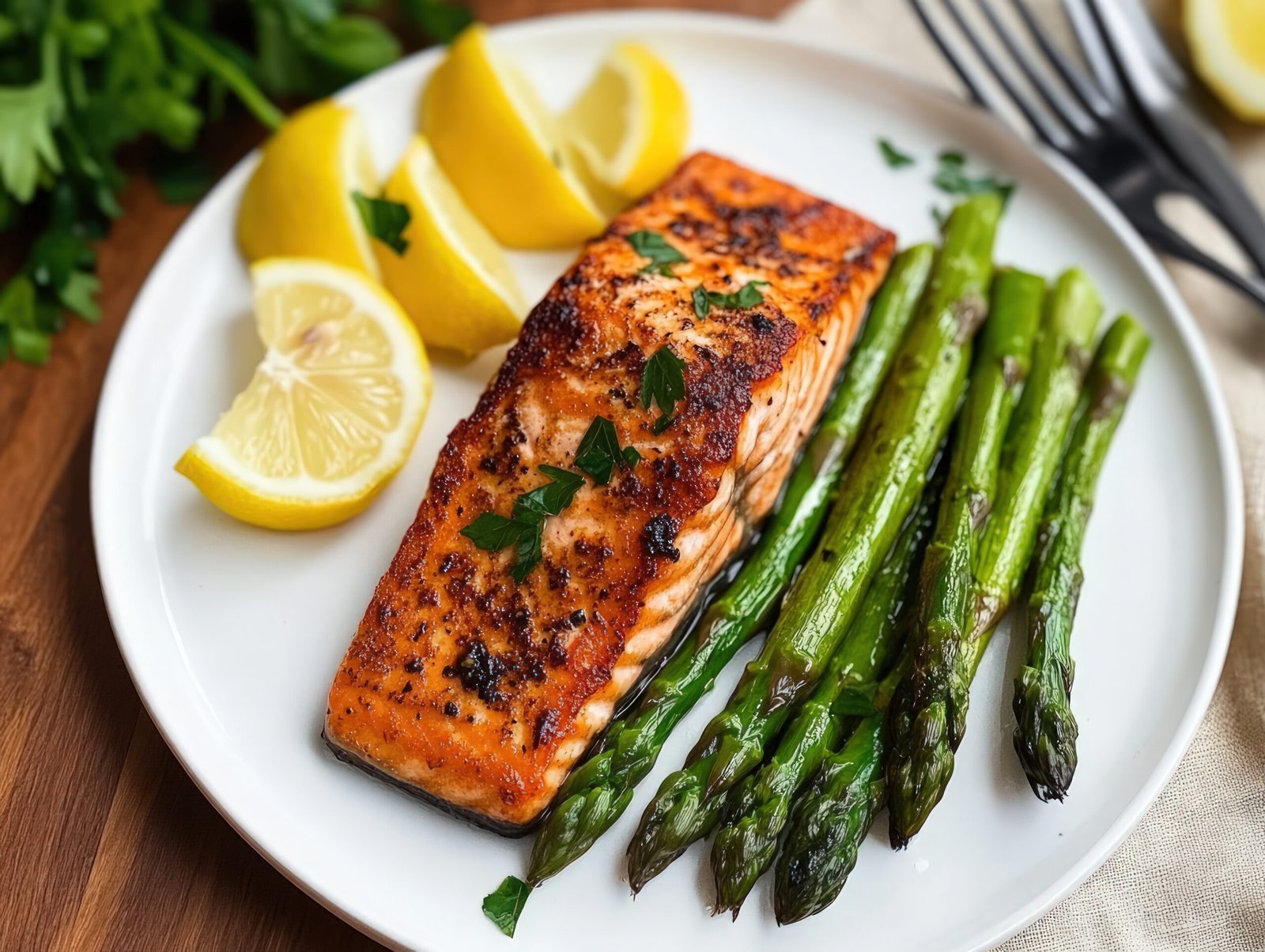 Overhead shot showcases a plate of cooked salmon, asparagus, and lemon wedges. The salmon has a golden crust, seasoned with herbs, and sits next to bright green asparagus spears. Slices of lemon add a pop of yellow. The plate is surrounded by cutlery, fresh parsley, and wood, suggesting a meal ready to be enjoyed. The composition, colors, and textures may suit content related to food, healthy eating, lifestyle, cooking, or dietary concepts. The image provides a clean and inviting presentation.