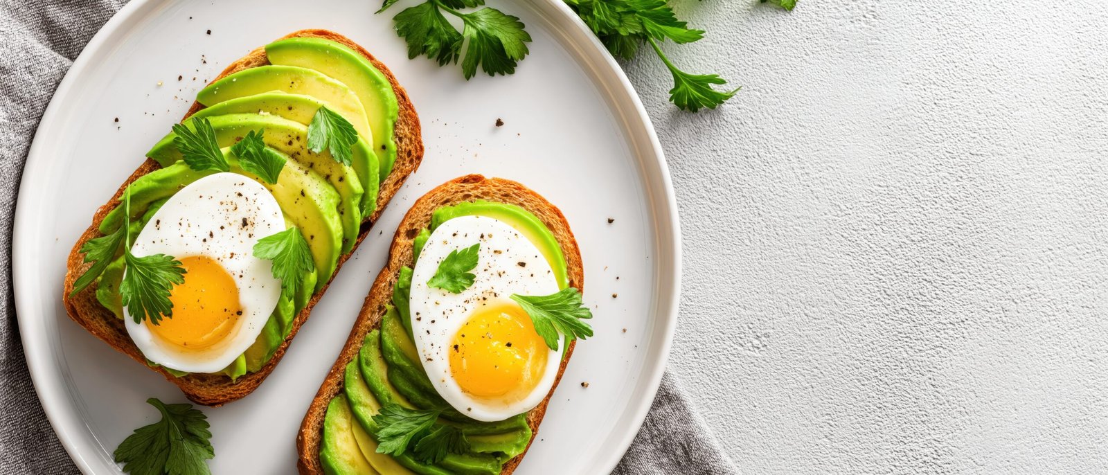 Top view of avocado toast with boiled eggs and fresh parsley on white plate with copy space for healthy diet and menu